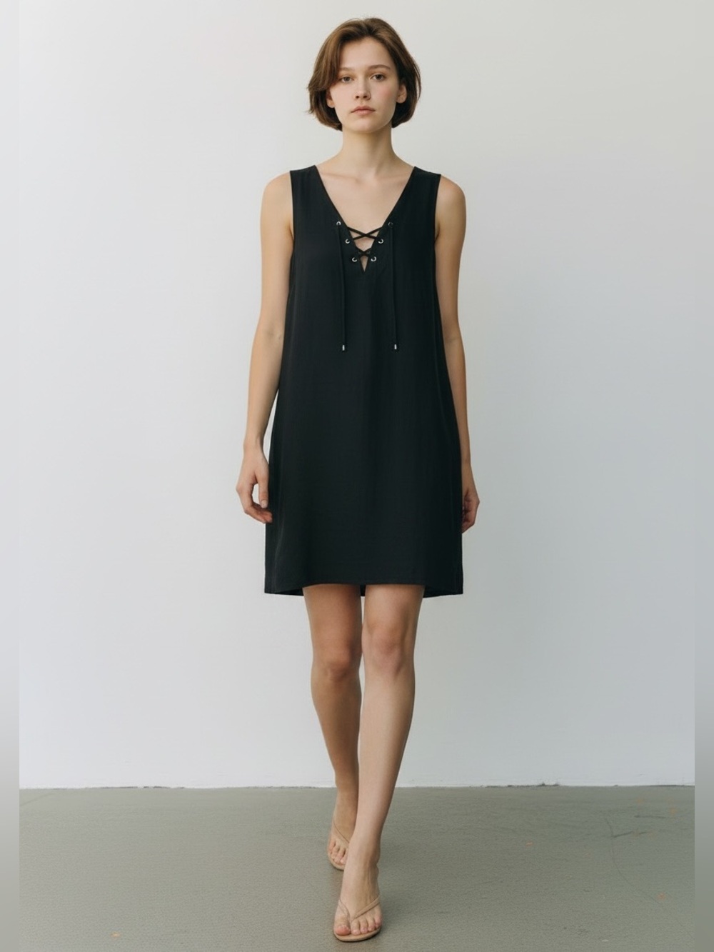 Lauren Ralph Lauren Black Sleeveless Dress Lace Up V Neck Tunic Size Small